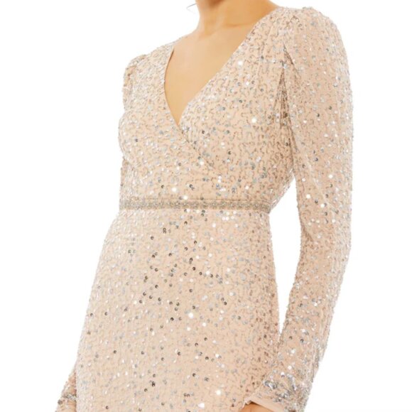 MAC DUGGAL 10769 SEQUINED FLORAL EMBELLISHED LONG SLEEVE SILVER NUDE GOWN sz 12 - Picture 5 of 6